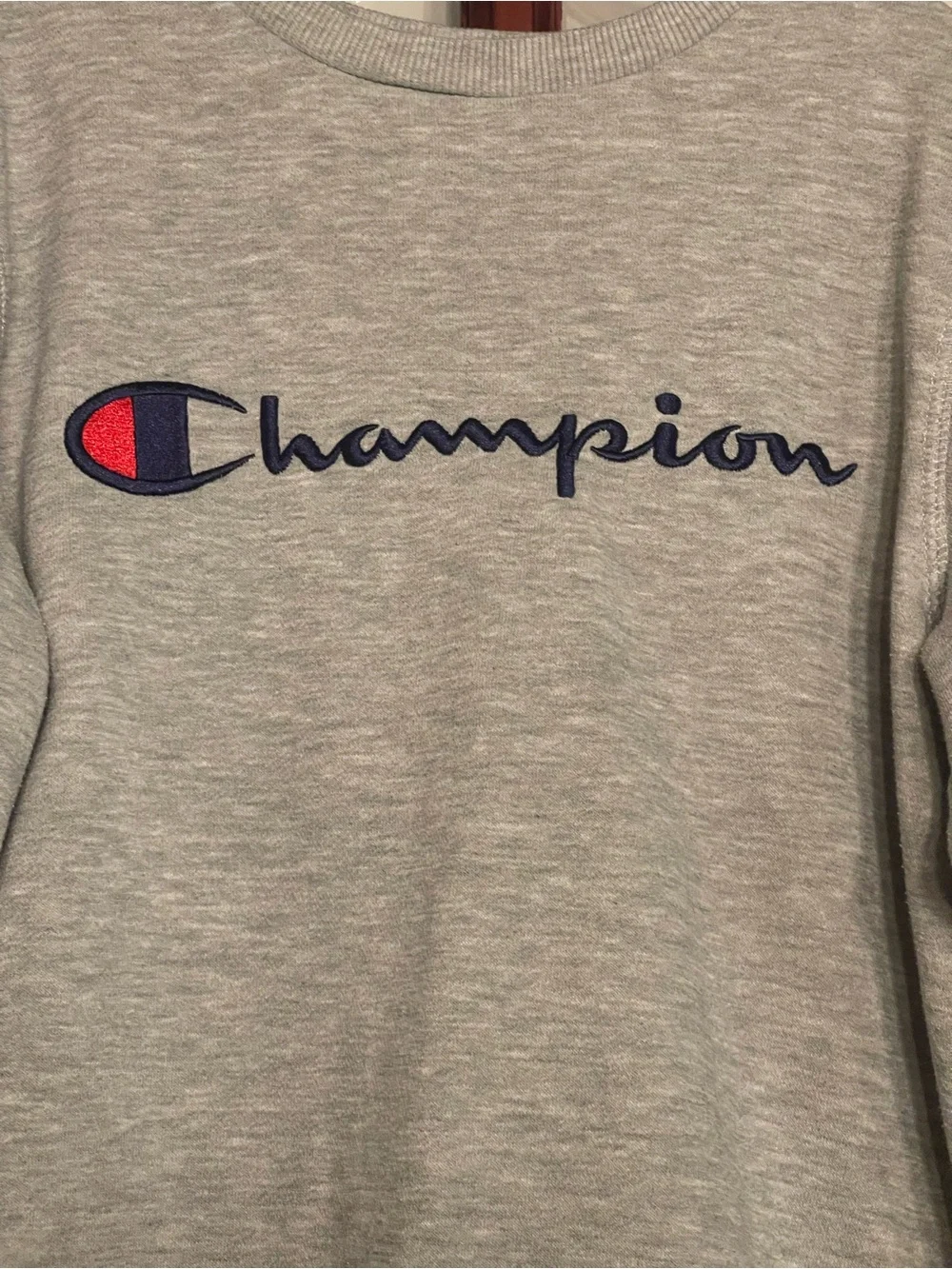 Champion Heather Gray Crewneck Sweatshirt with Navy & Red Logo